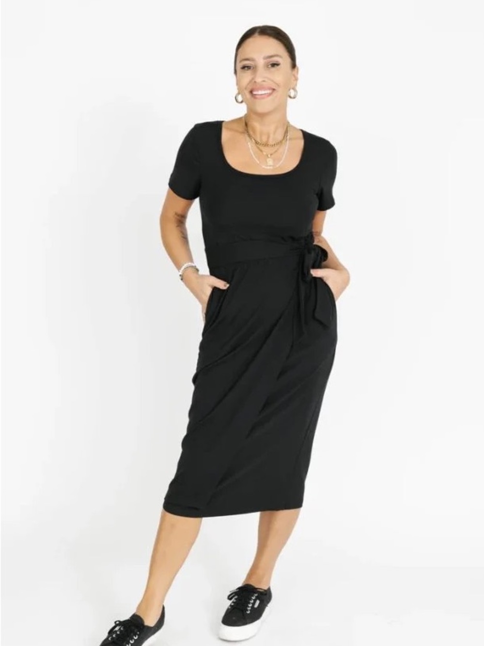Smash + Tess Athena Midi Dress Black Bamboo Wrap Tie Waist Pockets S - Picture 2 of 13
